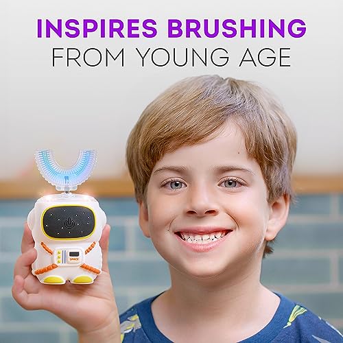 Sensory 360 Round U-Shaped Astronaut Design Mouthguard Electric Toothbrush for Kids Ages 2-7 - Automatic Memory Function - 5 Modes Toothbrush with Multiple Heads ? Kids Travel Essentials (White)