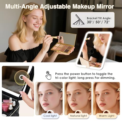 Makeup Bag with LED Lighted Mirror 12.2 IN Travel Makeup Bag Adjustable Brightness in 3 Colors Cosmetic Organizer Artist Storage Bag with Dividers Brush Holder Bag Vanity Black Checkerboard