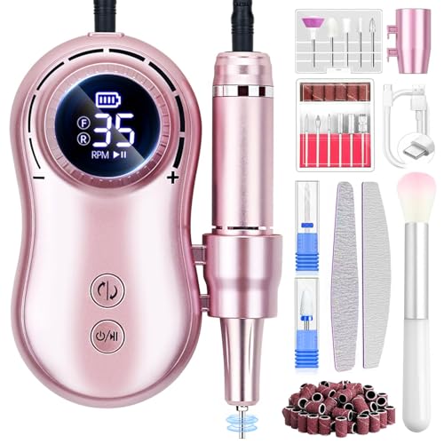 Professional Electric Nail Drill LEDSUUEI: 35000RPM Powerful Electric Nail File Portable Nail Drill with 13 Drill Bits Rechargeable Efile for Acrylic Gel Nails Removing Manicure Pedicure Salon