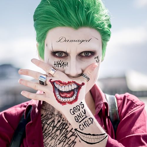 5 Sheets 3D Joker Tattoos Hand Halloween Makeup Kit, Prison Ghost Clown Damaged Joker Face Tattoo For Men Women Adults, Scary Prisoner Fake Temporary Tattoo Stickers Halloween Accessory Costume