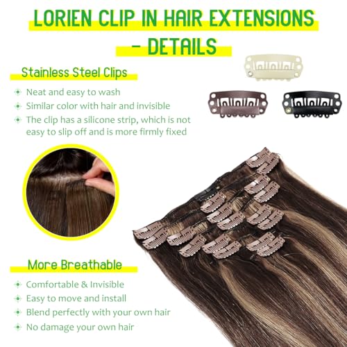LORIEN Clip in Hair Extensions Real Human Hair, 24 Inch 120g, 2/6 Dark Brown to Chestnut Brown, Clip in 100% Brazilian Remy Human Hair Extensions 8pcs Per Set with 18 Clips Double Weft