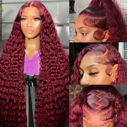 30 Inch 99j Burgundy Deep Wave Lace Front Wigs Human Hair 99j 13x6 HD Lace Front Wigs Human Hair 200 Density Glueless Deep Wave Wig Pre Plucked Red Colored Curly Wig for Women