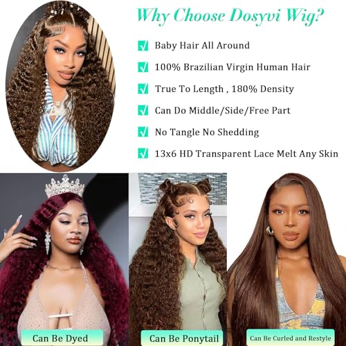 Chocolate Brown Lace Front Wigs Human Hair 13X6 Deep Wave Lace Front Wigs Human Hair Pre Plucked 180% Density HD Transparent Lace Frontal For Women Colored Deep Curly (Chocolate Brown, 32 Inch)