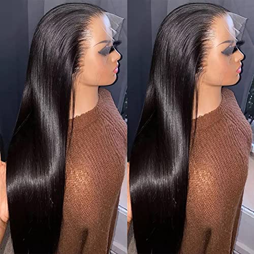Straight Lace Front Wigs Human Hair Pre Plucked HD Transparent 13x4 Lace Frontal Wigs Human Hair with Baby Hair 180% Density Brazilian Virgin Human Hair Wigs for Black Woman Natural Color 22 Inch