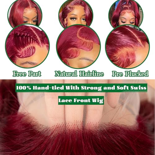 30 Inch 99J Burgundy Wig Human Hair 13x6 Body Wave Lace Front Wigs 180% Density Red Wine Glueless Wigs Pre Plucked for Women