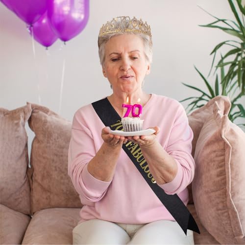 "70 & Fabulous"Sash & Rhinestone Tiara Set, Black Gold 70th Birthday Gifts for Women, Birthday Sash/Tiara for Women's 70th Birthday Party Decoration (Black 70th)