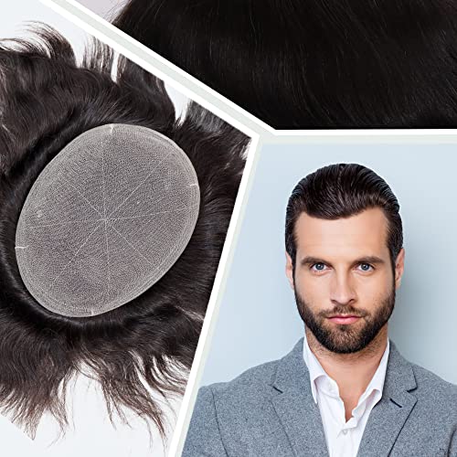 Men toupee Toupee for Men Undetectable Swiss Full Lace Men's Toupee European Human Hair Reaplacement Systems Hair Pieces Free Hairstyle 8X10 Inches(Natural Black Color)