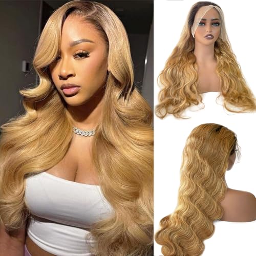 Body Wave Natural Black to Honey Blonde Lace Front Wigs Human Hair Pre Plucked 32 Inch 1B27 Curly Wave Free Part 13x4 HD Transparent Lace Frontal Glueless Wigs Human Hair for Black Women Bleached Knot