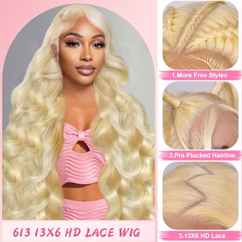 32 Inch 613 Lace Front Wig Human Hair 200 Density Blonde Wig Human Hair 13X6 Body Wave HD Lace Front Wigs Human Hair Pre Plucked 10A Blonde 613 HD Transparent Lace Frontal Glueless Wigs For Women