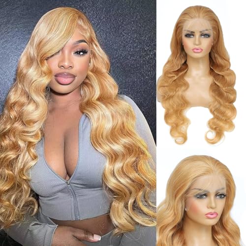Honey Blonde Wig Human Hair 13x6 Body Wave Hd Lace Front Wigs Human Hair Pre Plucked 27# Colored Blonde Lace Frontal Wig 180% Density Real Hair Wavy Human Lace Front Wigs For Black Women 32Inch