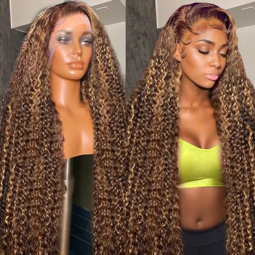 28 Inch 13x6 Highlight Ombre Deep Wave HD Lace Front Wigs Human Hair Pre Plucked 200% Density 4/27 Honey Blonde Glueless Curly Human Hair Wig for Women