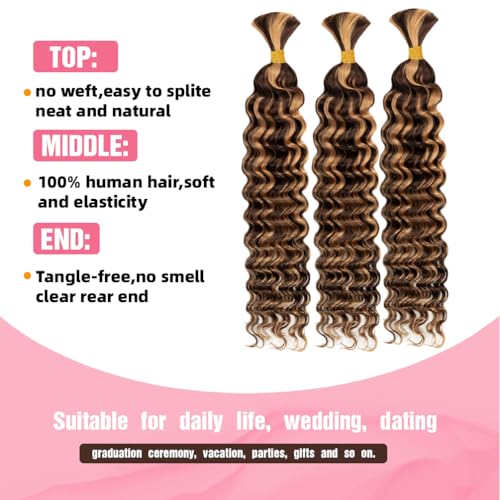 Human Braiding Hair, 3 Bundle 150g 20 Inch Boho Braids Human Hair 15A Deep Wave Bulk Brazilian Virgin No Weft Wavy Hair Extension for Boho Knotless Balayage Brown to Blonde