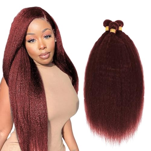 Wine Red Bundles Human Hair Yaki Straight Bundles 12 14 16 Inch #99J Burgundy Kinky Straight Bundle Unprocessed Brazilian Virgin Weave Hair 3 Bundle 50 Gram Per Bundle
