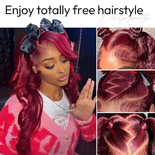 34 Inch 13x6 99j Burgundy Wig Human Hair 200 Density Hd Body Wave Lace Front Glueless Red Wigs Human Hair