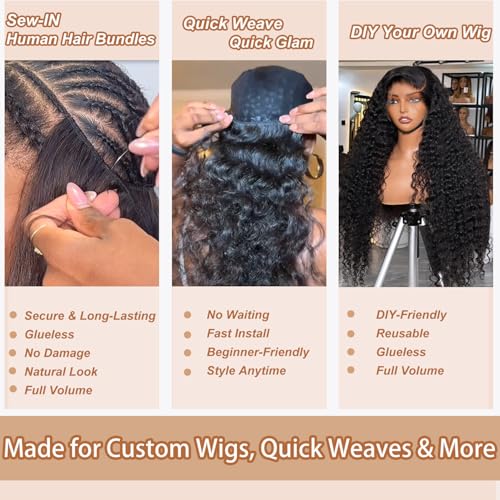 12A Deep Wave Human Hair Bundles 18 20 22 24 Inch Deep Wave Curly Bundles 100% Unprocessed Brazilian Virgin Wet and Wavy Water Wave Human Hair Extensions, Quick Weave 4 Bundles for Women