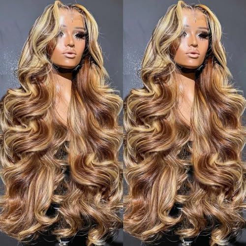 Highlight 360 Body Wave Lace Front Wigs Human Hair, 250 Density Ombre Honey Blonde Lace Front Wigs for Women, 4/27 Glueless 360 HD Lace Frontal Wig 26 Inch, Gifts for Birthday, Travel, Party