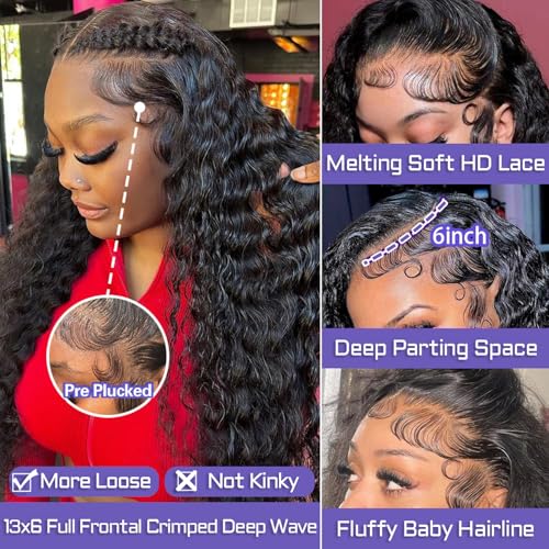 Sathen Full 13x6 Deep Wave Lace Front Wigs Human Hair 24 Inch 200% Density Deep Wave Lace Frontal Wigs 13x6 Full Lace Frontal Wig HD Transparent Deep Wave Wig Pre Plucked with Baby Hair