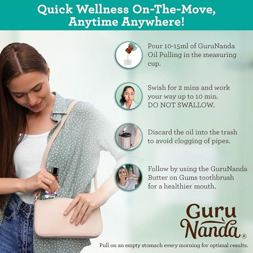 GuruNanda Travel Size CocoMint Oil Pulling Mouthwash, 7 Essential Oils & Vitamins, Promotes Fresh Breath & Happy Gums, No Alcohol & Fluoride, 3 oz