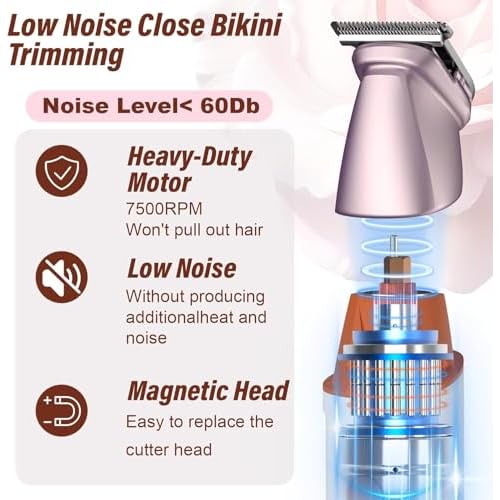 Bikini Trimmer for Women and Men,5-in-1 Wet/Dry Body Hair Trimmer,Gentle Hair Removal Shaver for Full Body Groomer,Electric Razor Shaver with USB Charge Dock-No Nick, No Cut, No Razor Burn,Pink