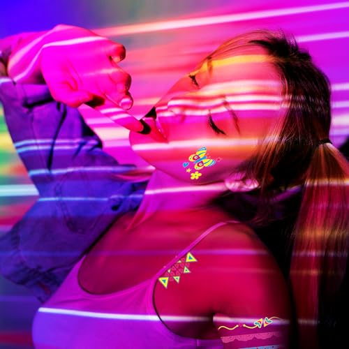 Temporary Tattoos 170 PCS Glow in The Dark Tattoos that React to Neon UV Black Light, Tattoos for Kids Teens and Adult, Neon Glow Party Decorations, Glow in The Dark Party Supplies, Glow Party Favors