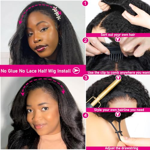 Kinky Straight Half Wig Human Hair 200 Density 3 In 1 Seamless Flip Over Half Wigs Human Hair Glueless Wear and Go Beginner Friendly Kinky Straight Human Hair Drawstring Headband Wig for Women 20 Inch