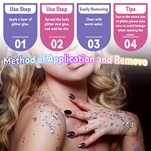 Laza Body Glitter, 2 Jars Holographic Chunky Sequins with Glitter Glue Perfect for Women Eyeshadow Makeup Face Paint Festival Rave outfits Hair Accessories Carnival Party Costumes - Bright Gold Silver
