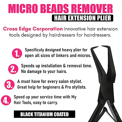Hair Extension Tools Kit Includes Micro Beads Remover & Crimping Pliers set, Stainless Steel Micro Rings Pulling Hook & Loop Tool Packed in Soft Case (Black with Rubber Grip)