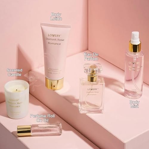 Womens Gifts, Birthday Gifts for Mom, Self Care Gifts for Women, Damask Rose Romance Spa Kit with Soy Candle, Perfume Roll On, Body Lotion, Body Mist & Eau de Parfum - Bath & Body Care Set