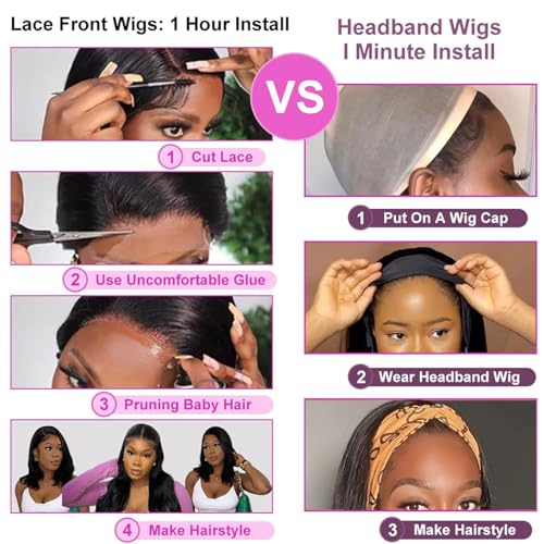 Headband Wig Human Hair Straight 24 Inch None Lace Front Wig Human Hair Glueless Wigs Brazilian Virgin Hair Headband Half Wigs for Black Women 150% Density Natural Color