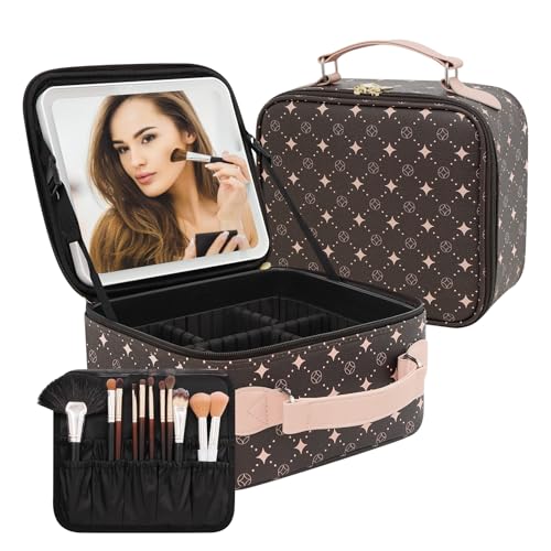 Travel Makeup Bag With 360¡Æ rotating LED Mirror,Waterproof cosmetic organizer,Portability Cosmetic case,Makeup organizer,Gift for Women,Girls Gift (Coffee + Pink)