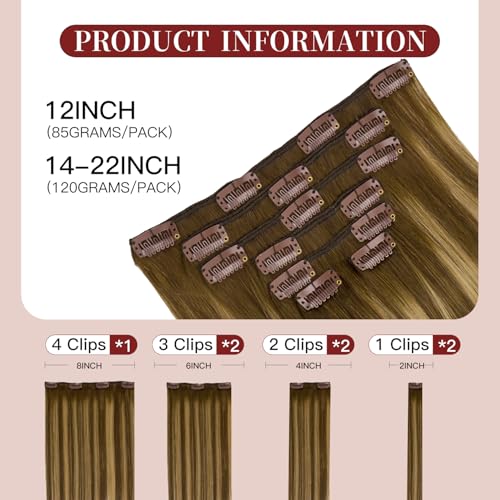 LOVELINE Clip in Hair Extensions Real Human Hair, 100% Remy Human Hair Extensions Clip Ins for Women, 7Pcs 22Inch 120g, Balayage Chocolate Brown to Caramel Blonde
