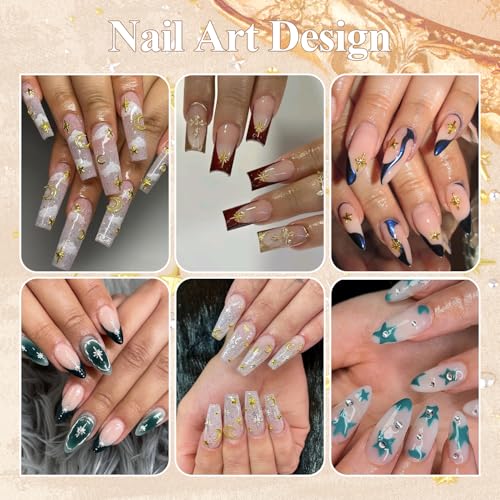 2640Pcs 3D Star Nail Charms, Gold & Silver Multi-Shapes Metallic Nail Art Gems and Small Round Caviar Beads, Craft Jewels Nail Rhinestones Accessories Manicure Decor with Tweezers and Pick-up Pencil
