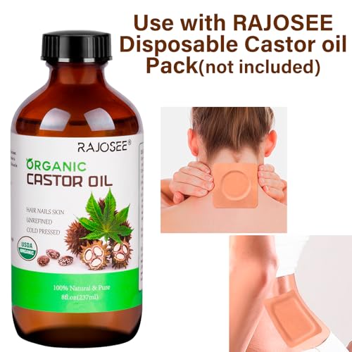 2 Pcs Certified Organic Castor Oil, Natural Oil Cold Pressed in Glass Bottle, Massage Oil, Pure for Hair Growth Eyelashes Eyebrows Lash Serum - Hexane Free, 8 oz Per Bottle