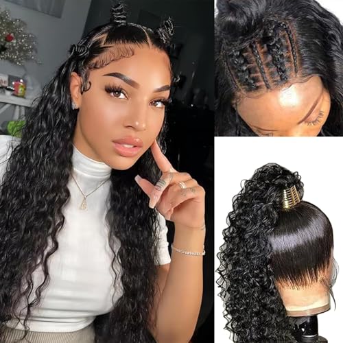 360 Full Lace Wigs Human Hair Deep Wave 360 HD Full Lace Wigs Human Hair Pre Plucked Wet and Wavy Human Hair Wig 360 Deep Wave Ponytail Curly Wig 360 Frontal Wig with Baby Hair Natural Color 28 inch