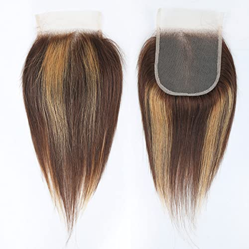 FQ 4/27 Highlight Bundles and Closure Straight P4/27 Human Hair Bundle with Closure(10 10 10+10) Brazilian Ombre Honey Blond Colored Short Bob 50g 3 Bundles with 4x4 Lace Closure