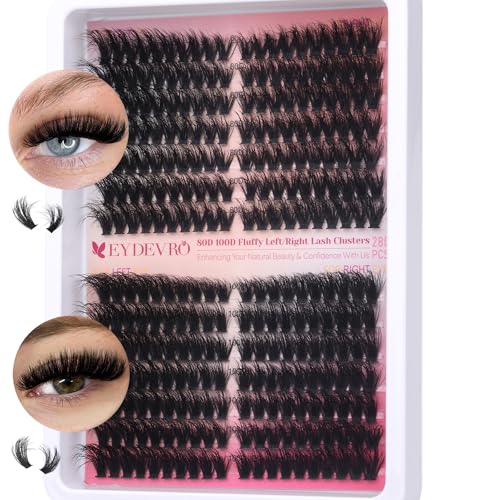 EYDEVRO Lash Clusters 80D100D Volume Eyelash Clusters 280 Pcs Left/Right Individual Lashes D Curvature Thick Cluster Lashes Cluster Eyelash Extensions DIY Lash Extensions at Home