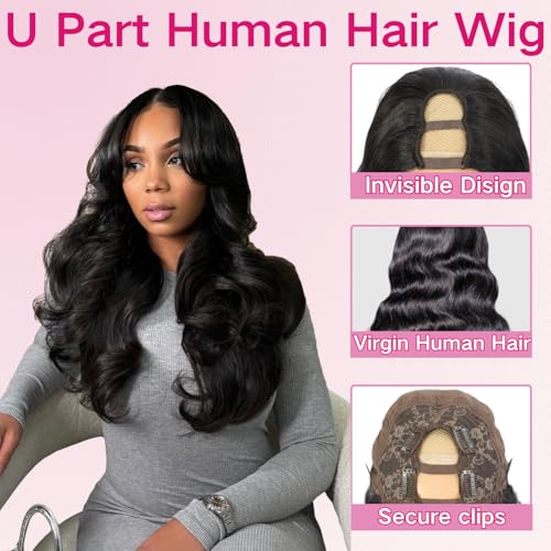 U Part Human Hair Wig Body Wave U Part Wig Human Hair for Black Women Glueless Wigs Human Hair Clip Natural Hair Wig Beginner Friendly Middle Part 180% Density 26inch