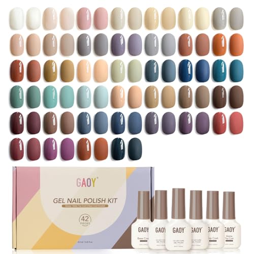 GAOY 42 Pcs Gel Nail Polish Kit, Nude Neutral Blue Burgundy Colors All Seasons Gel Nail Polish Set with Glossy & Matte Top Coat and Base Coat for Salon and DIY Manicure at Home