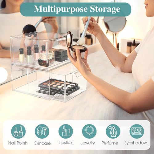 2 Pack Stackable Makeup Organizer and Storage, Acrylic Organizers£¬Clear Plastic Storage Drawer with Handles for Vanity, Undersink, Kitchen Cabinets, Pantry