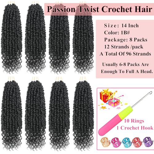 Alrence Passion Twist Crochet Hair 8 Packs Pre twisted Passion Twist Hair For Women Soft Bohe Pre-looped Crochet Braids (14 Inch (Pack of 8), 1B#)