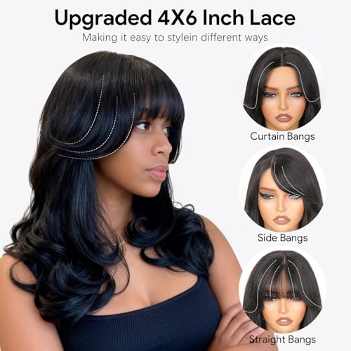 Ruiyu Layered Curtain Bangs Wig Human Hair Face Framing 6x4 HD Lace Clourse Front Wigs Straight Pre Cut Straight Wear and Go Glueless for Black Women 100% Brazilian Human Hair Wig with Bangs 20 Inch
