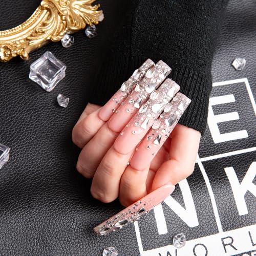 LOVFUL Stunning Bling Nails,Crystal Detailed Diamonds Press On Nails | Custom Shape | Glitter Rhinestone Nails | Gradient Pink Fake Nails| Square Long 2.2 in | H126 (L)