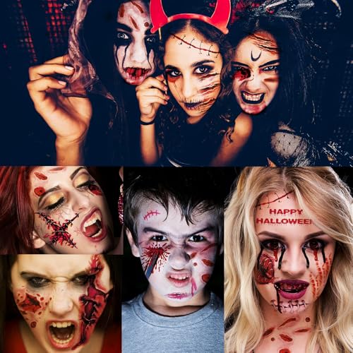 30 Sheets 220+ PCS Halloween Fake Scars Tattoos Temporary, Chucky Zombie Makeup Kit, Realistic Halloween Face Stitch Scar Makeup Tattoos Stickers Masquerade Prank Makeup Props