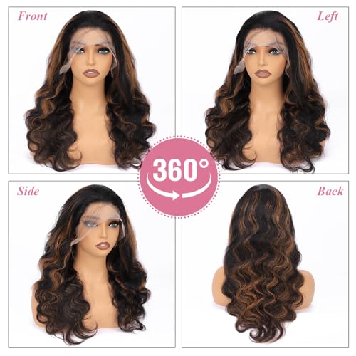 30Inch Ombre Highlight Lace Front Wig Human Hair 13x6 Body Wave Lace Front Human Hair Wigs Colored 1B/30 Brown Lace Frontal Wigs for Women Pre Plucked 180% Density Highlight Wig
