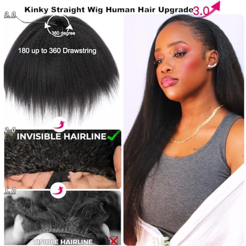 Kinky Straight Half Wig Human Hair 200 Density 3 In 1 Seamless Flip Over Half Wigs Human Hair Glueless Wear and Go Beginner Friendly Kinky Straight Human Hair Drawstring Headband Wig for Women 20 Inch