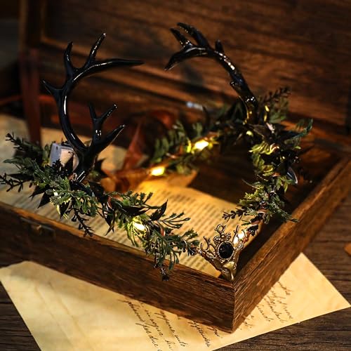 MOSTORY Light up Elf Crown - Black Antler Headpiece Gothic Flower Circlet Elven Woodland Tiara for Women Renaissance Fair Cosplay Halloween Costume Photo Shoot