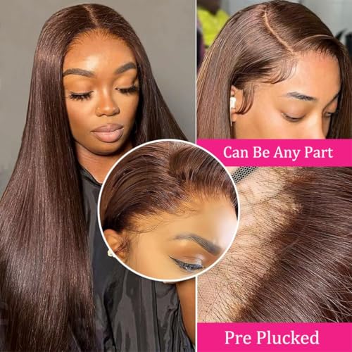 Chocolate Brown Wigs Human Hair Pre Plucked Brazilian Unprocessed Straight 13x4 HD Lace Frontal Wigs with Baby Hair Colored Glueless Wigs for Women (Chocolate Brown,28 Inch)