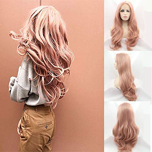 sylvia Peach Pink Lace Front Wigs Long Curly Wave Layered Dusty Pink Heat Safe Synthetic Hair Lace Front Wigs Decent Parting Space Transparent Lace for White Pale Scalp for Drag Queen…