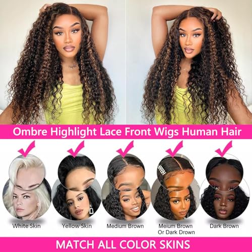 Super idol Omber Highlight Deep Wave Lace Front Wigs Human Hair Brazilian Lace Closure Wigs 4¡¿4 Ombre Human Hair Wig P1B/30 Free Part Human Hair Wig for Black Women (26 Inch, 1B/30 Highlight Wig)