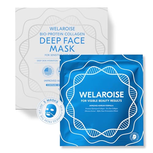 Welaroise Bio Protein Collagen Hydrogel Deep Face Mask - 35% More Collagen, Intense Hydration & Moisturization, Firming, Anti-Aging, Skin Renewal, Korean Skincare (Pack of 5)